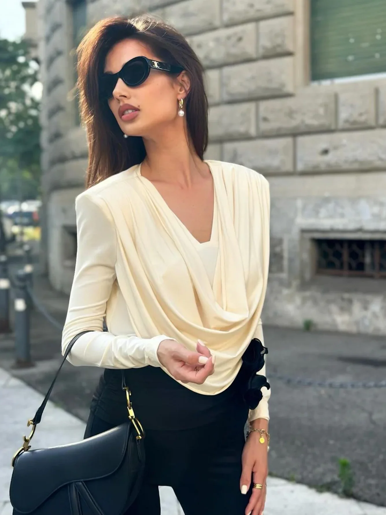 High Quality Women'S Casual Apricot Top 2024 Summer New Sexy Deep V-Neck Long Sleeved Pleated Fashionable Slim Fit Shirt Top