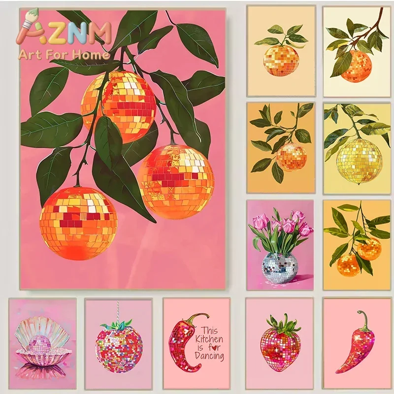 1pc Frameless Retro Trendy Fruit Disco Ball Orange Mirrorball Creative Poster Canvas S Wall Art Prints Bar Kitchen Room Home