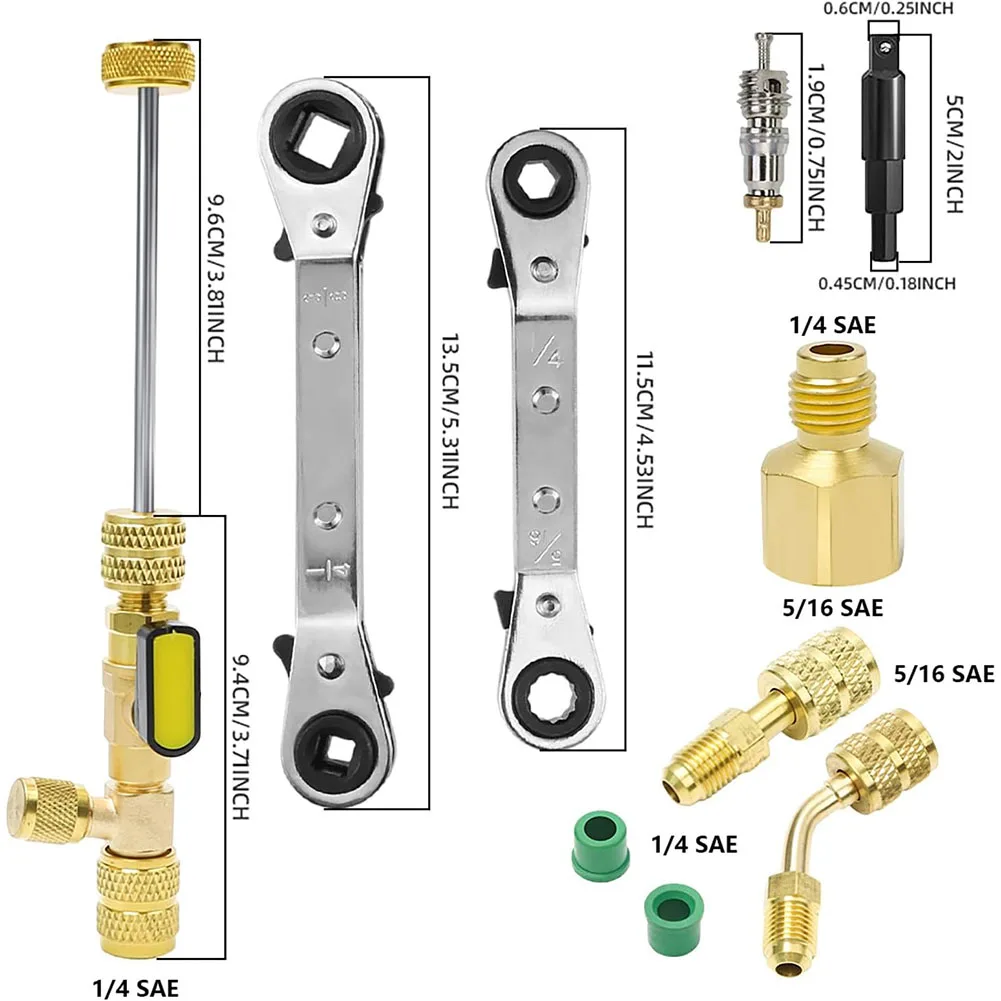 Valve Core Remover Installer Tool HVAC Service Wrench Set With Hex Bit Adapters For R410 R22 R12 R407 R404 R32 A/C Air Condition