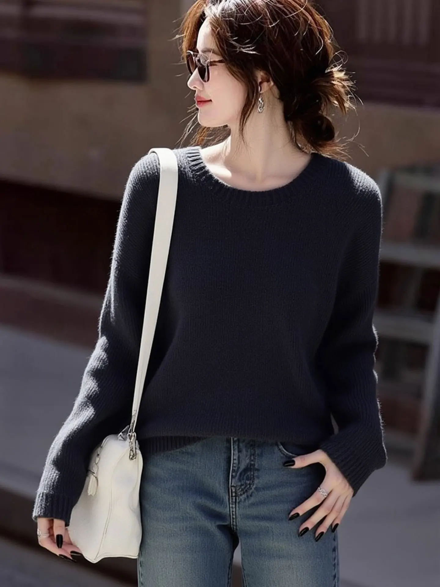 

Ele Long Sve Knitted Sweater Pure Color Versatile round Ne Comfortable Warm Winter Women's Top Commute Korean Sle