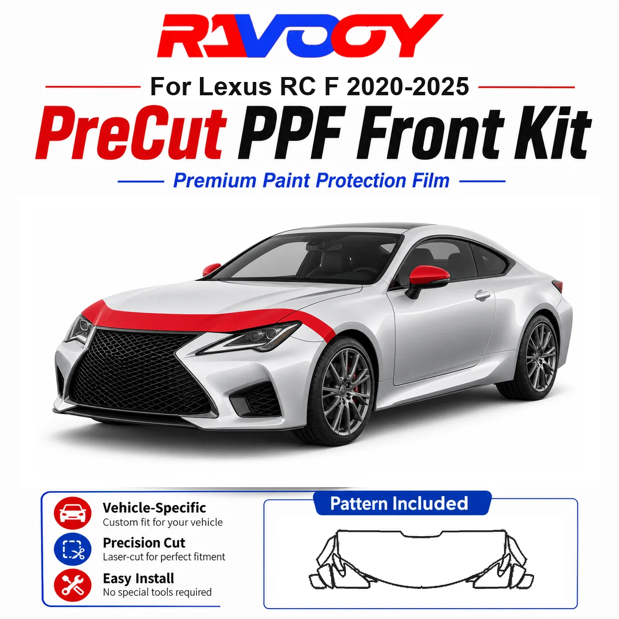 

8.5mil TPU Precut PPF Kit For Lexus RC F 2020-2025 - Hood, Partial Fenders & Full Mirror Set - Self-Healing Gloss Clear Bra Film
