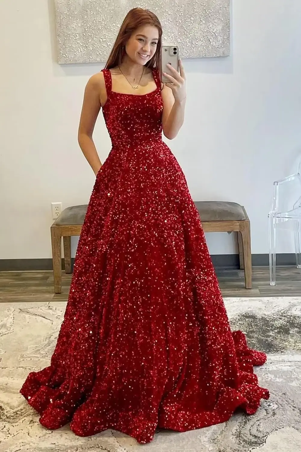 Elegante vestido de fiesta con lentejuelas de manga larga, vestido formal elegante con abertura de satén y cuello en V, vestido de noche de cóctel con bolsillos
