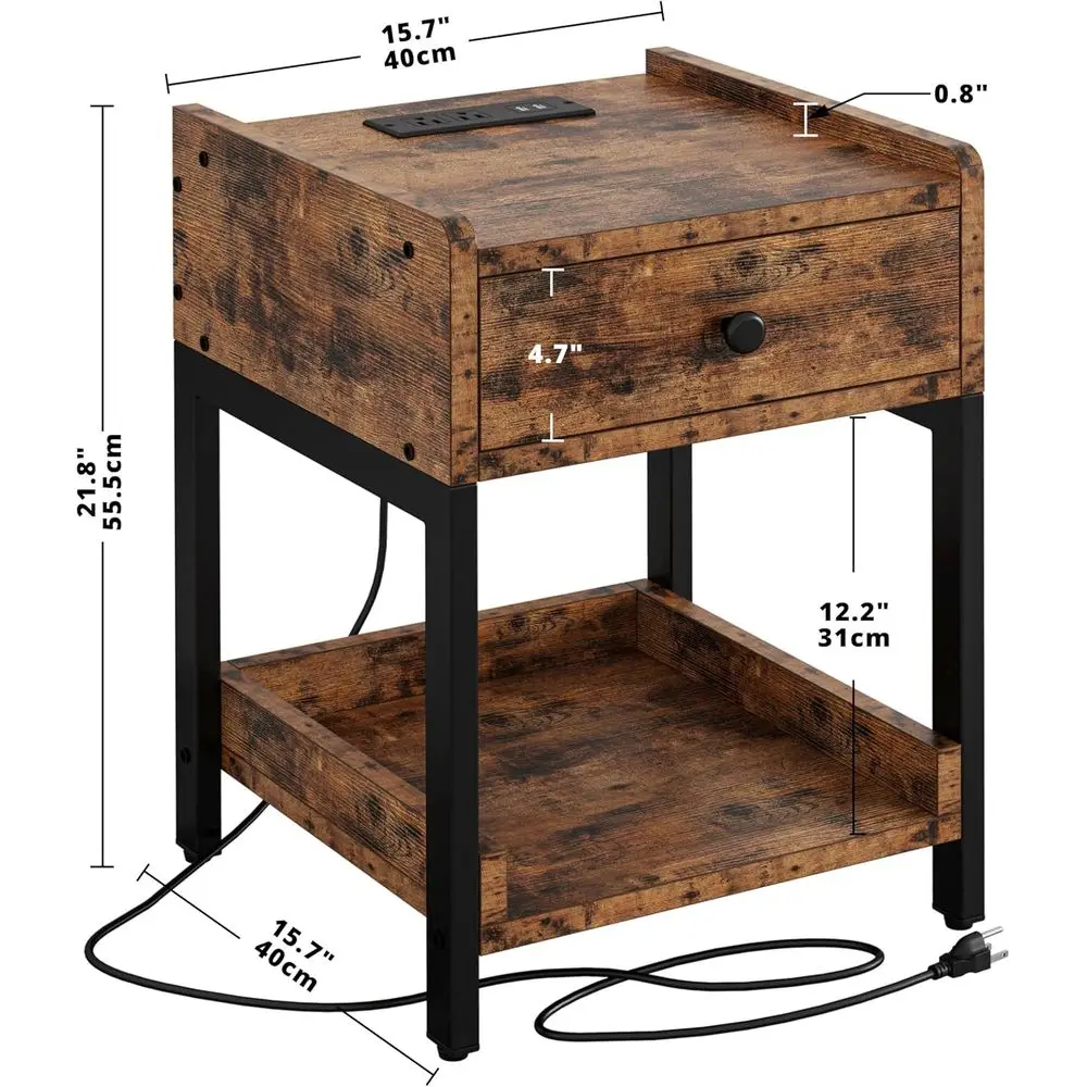 منضدة شحن بنية عتيقة مع درج تخزين ورف لغرفة النوم وغرفة المعيشة، سهلة التجميع، ثابتة #3