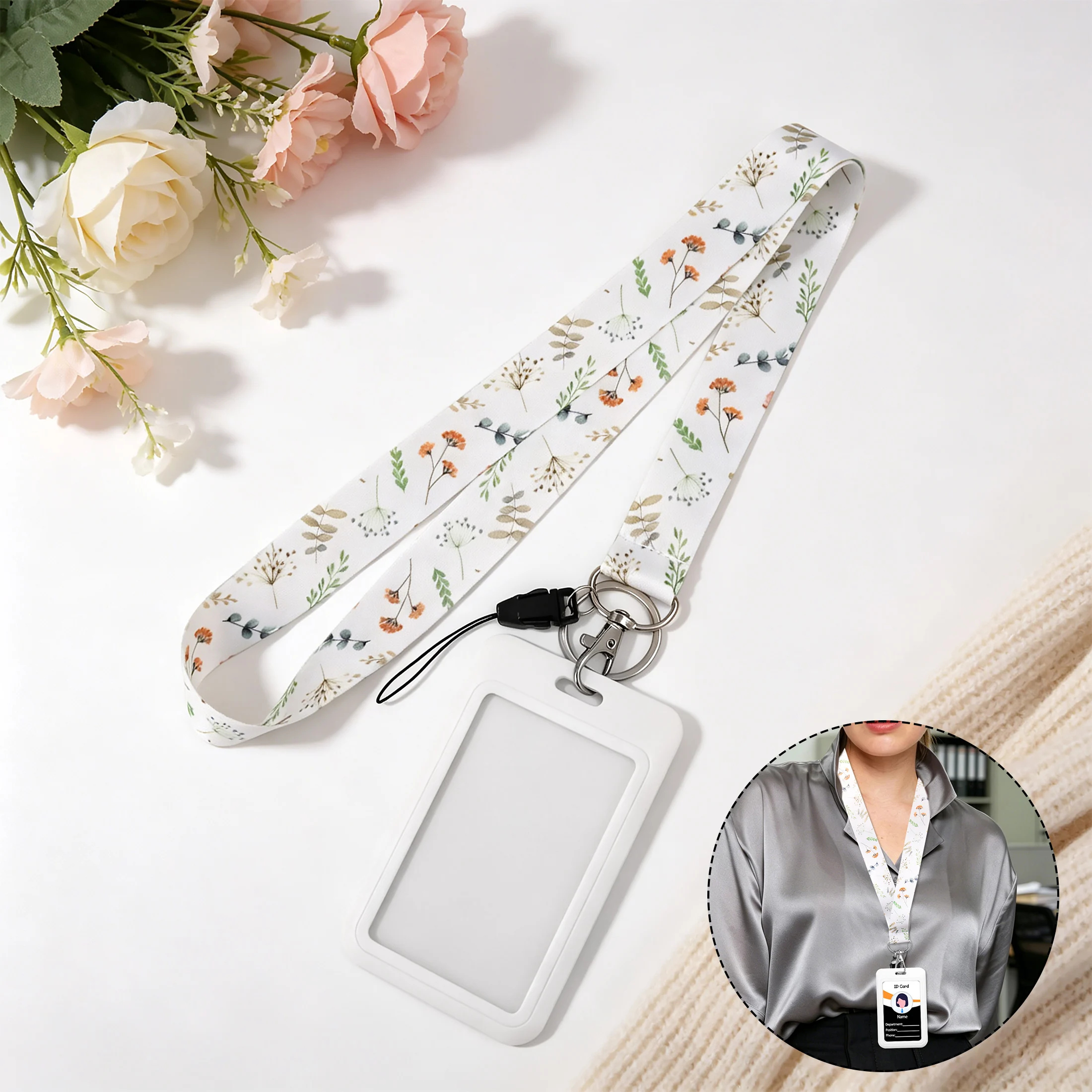 1pc White Flowers Teacher Lanyard with ID Badge Holder Neck Strap Lanyard for Keys ID Cards Office School Use Accessories Gift