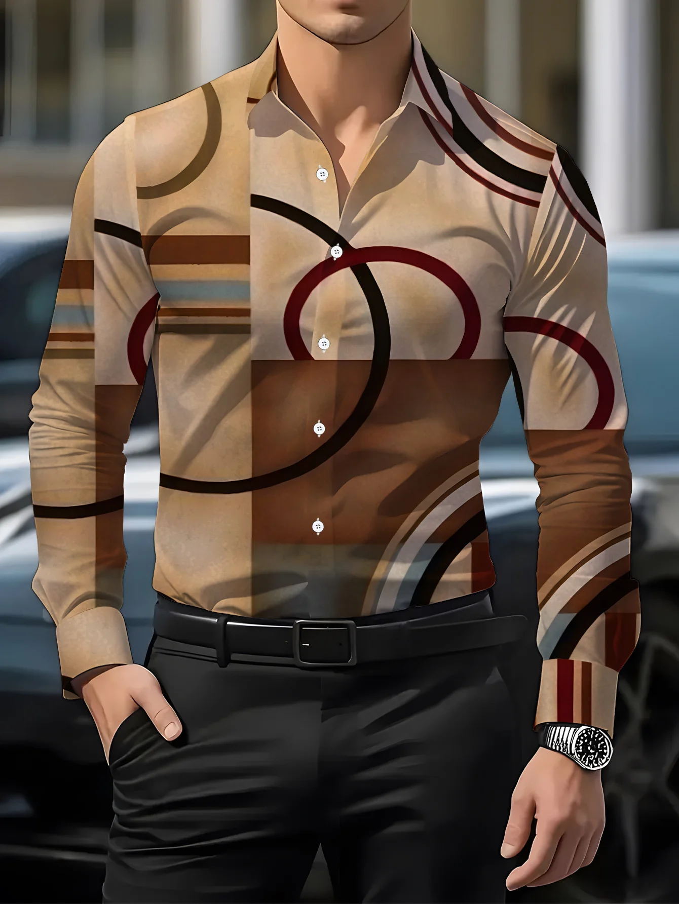 2026 Men Long Sleeve Shirt Geometric Circle Plaid Print Turn Down Collar Fashion Daily Top Men's Clothing