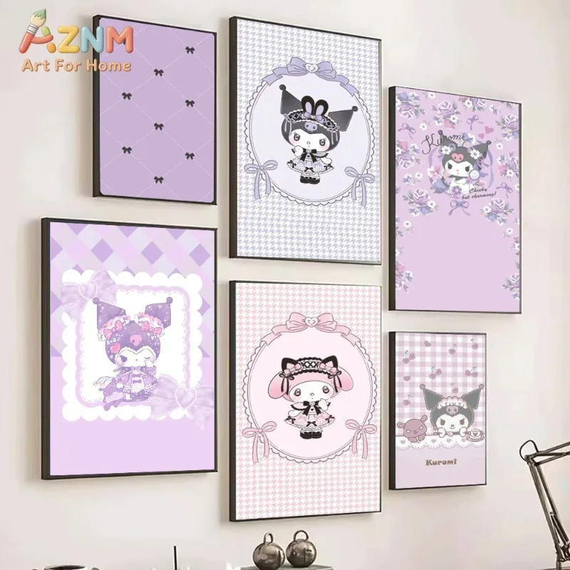 Sanrio Kuromi Canvas Wall Art Unframed Print Purple Plaid Bow Sweet Lolita Cute Cartoon Poster for Bedroom Dorm Home Interior