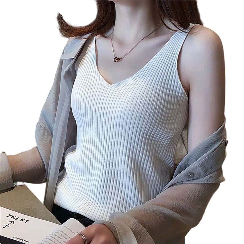 V Neck Sleeveless Knitted Vest for Women Camisole Tank Top Simple Innerwear All Match Solid Color Spring Summer