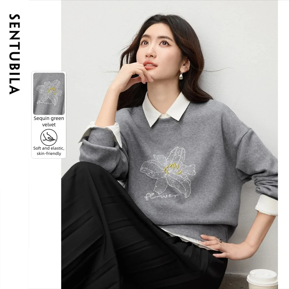 SENTUBILA Knitted Sweatshirts for Woman 2025 Autumn Winter O Neck Loose Pullovers Casual Letter Embroidered Sweaters 153AC3453