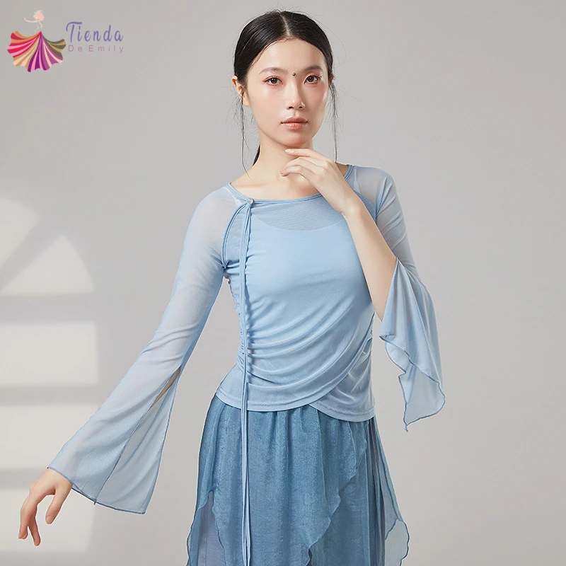 Classical Dance Mesh Top Women Split Flared Long Sleeve Sheer Shirt Ribbon Accent Flowing Saree Folk Dancewear Practice Blouse