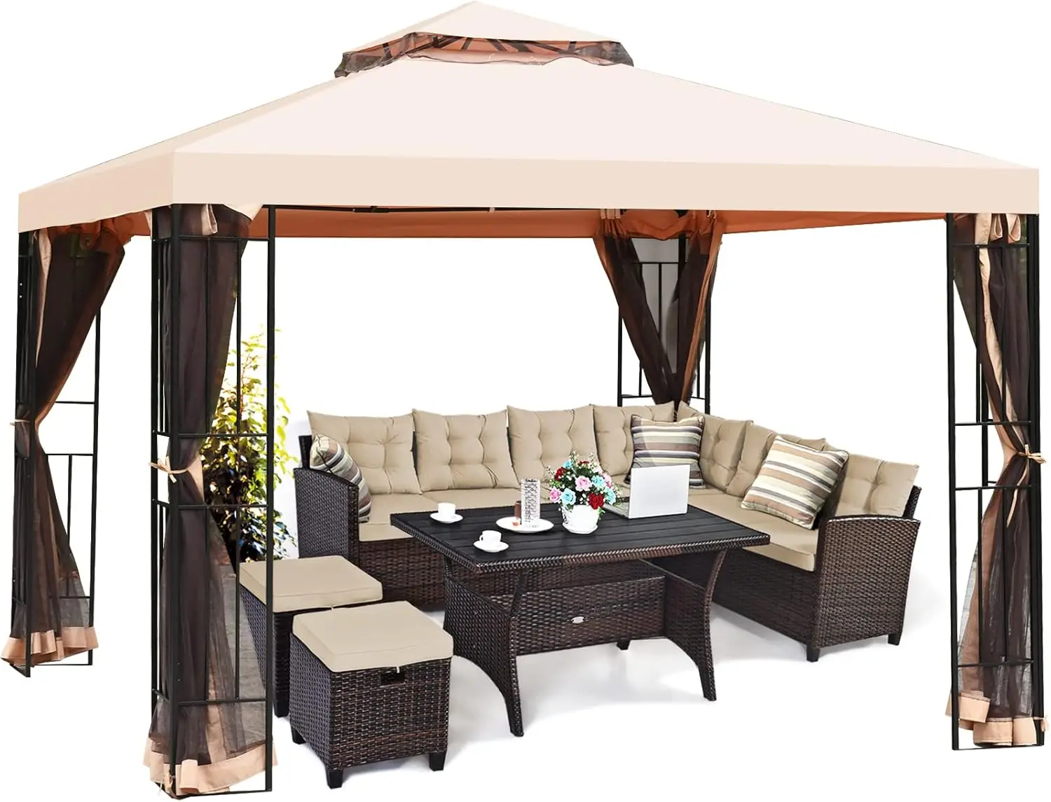 

10x10 Feet Patio Gazebo Outdoor Steel Gazebo with Netting Double Vented Roof Outdoor Patio Pavilion Shelter w 100 Square Feet of