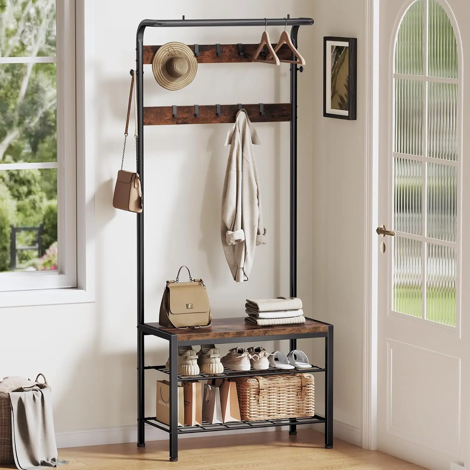 

4-in-1 Entryway Organizer with Shoe Bench and Coat Rack, 10 Hooks and Storage Shelf, Rustic Wood Finish, Brown