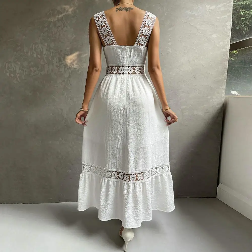 Summer Dress Women 2023 Sleeveless Backless High-Waist Loose Ruffle Hem Sling Dress Hollow Out Lace Patchwork A-Line Dress