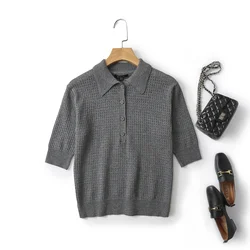Ethereal MD 2026 YAZHIMEI new style of Women's casual Gray smart commuter hollowed out Polo neck five-quarter sleeve sweater
