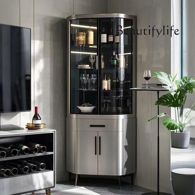 Italian light luxury solid wood corner cabinet modern simple triangular glass wine cabinet living room storage fashion
