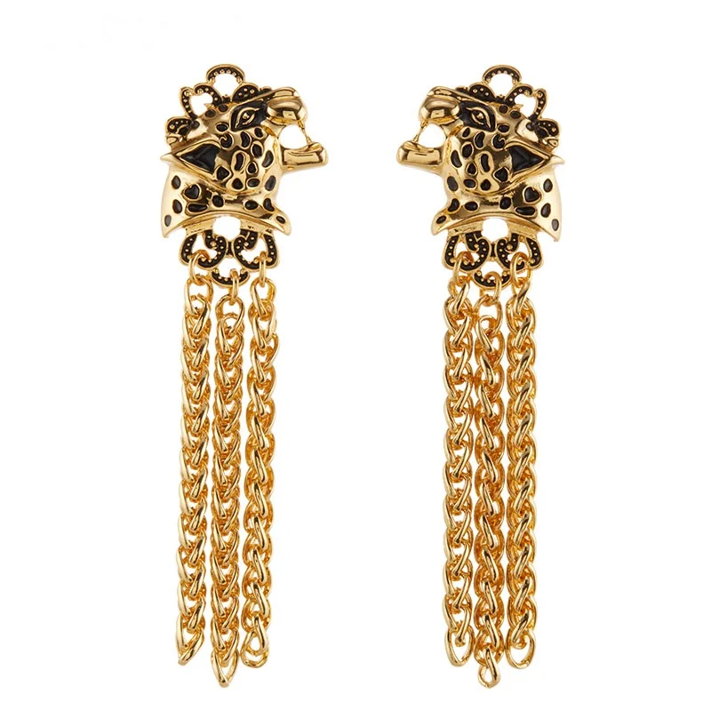 Fierce Leopard Head Linear Earrings Leopard tassels Earrings Heavy Industry Long Metal Drop Earring 925 Silver Needle Earring