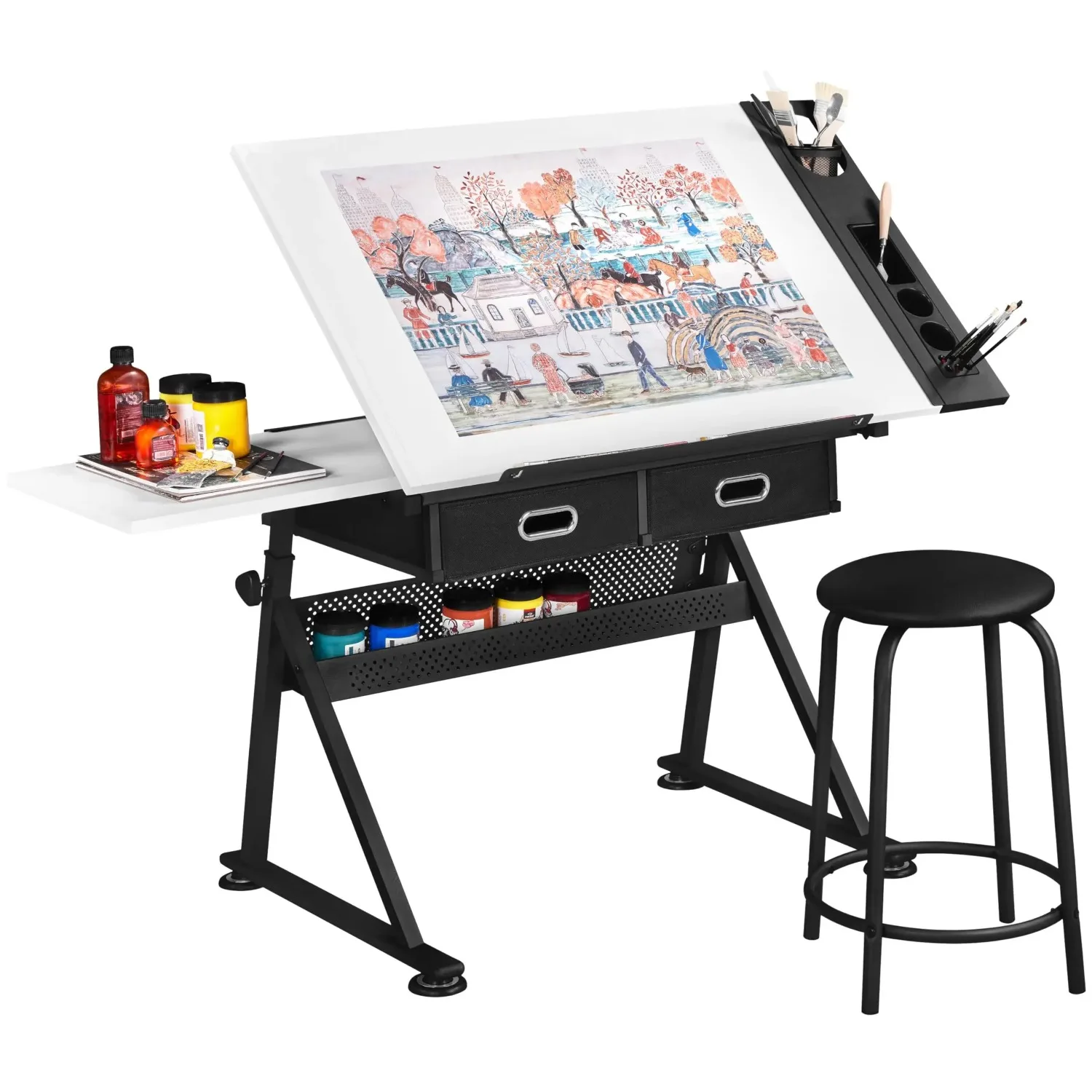 Adjustable Drafting Table Art Desk, Storage Drawers & Stool, Wood | MDF tabletop tilts 0-60° on a metal frame for