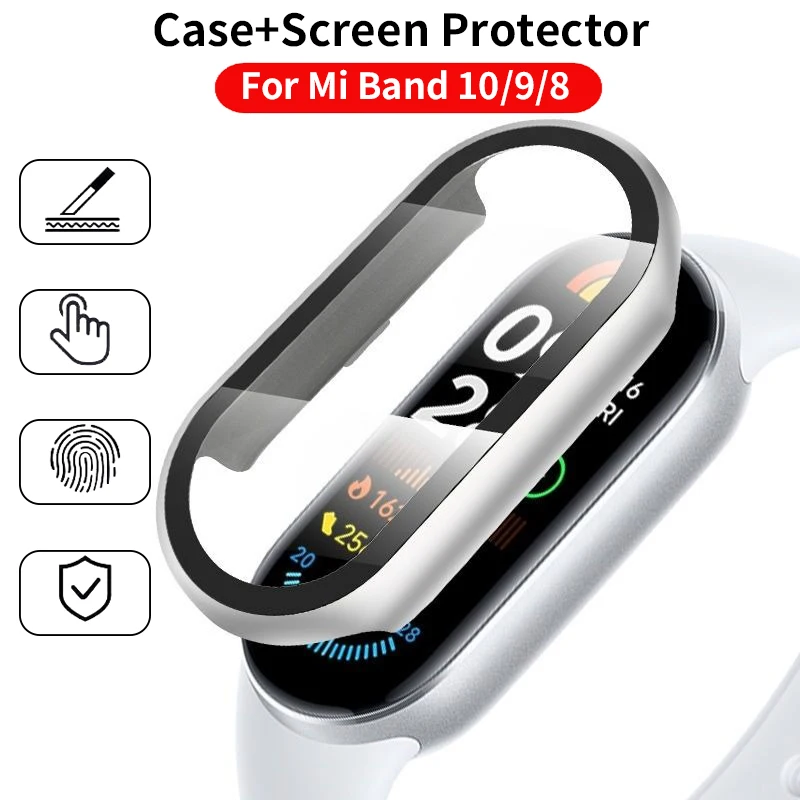 Tempered Glass+PC Case For Xiaomi Mi Band 10 9 8 Cover Shockproof Full Hard Screen Protector Xiaomi Smart Band 10 9 Accessories
