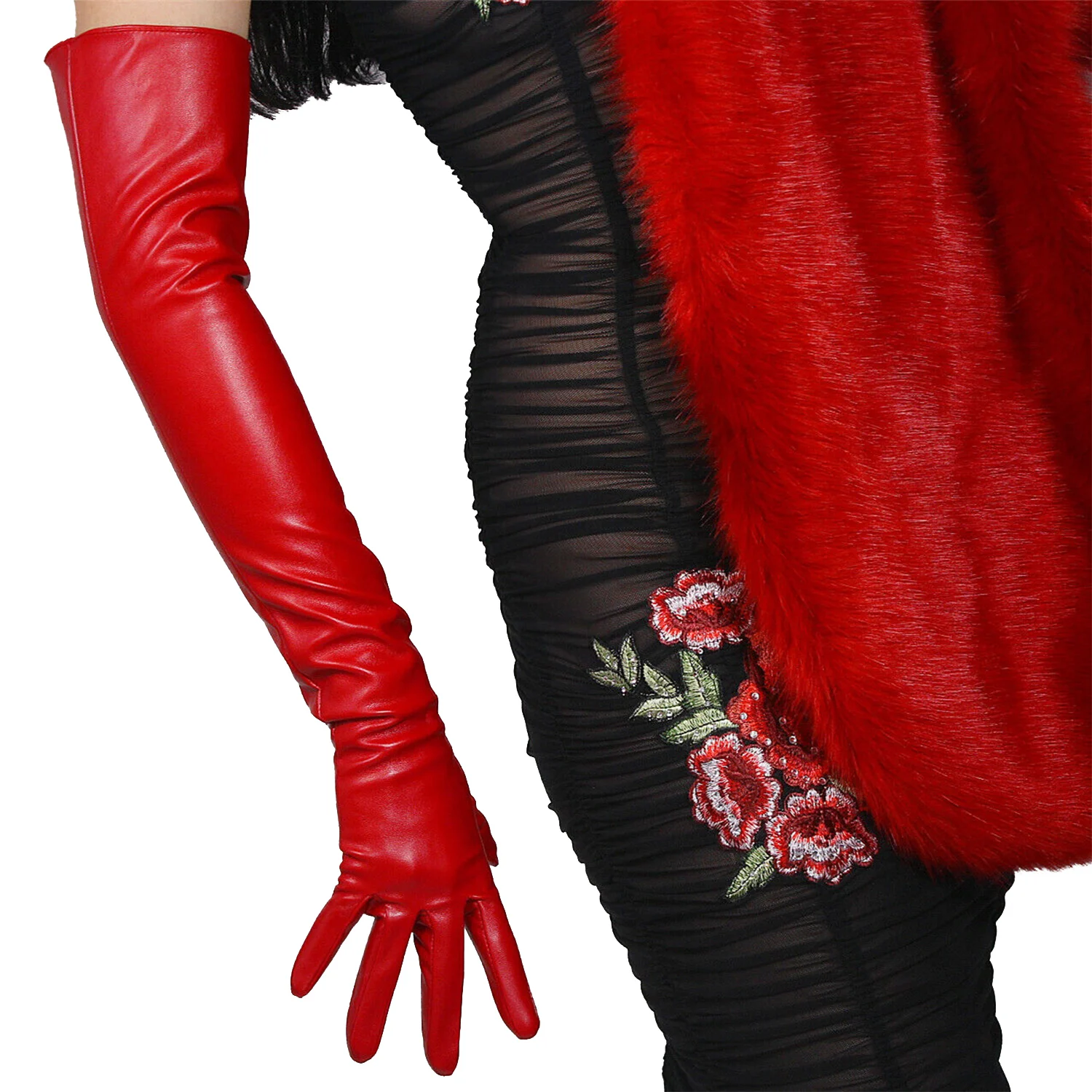 DooWay Women's Hot Red Long Leather Opera Gloves Soft Faux Sheepskin Fashion Halloween Costume Cosplay Wedding Evening Gloves