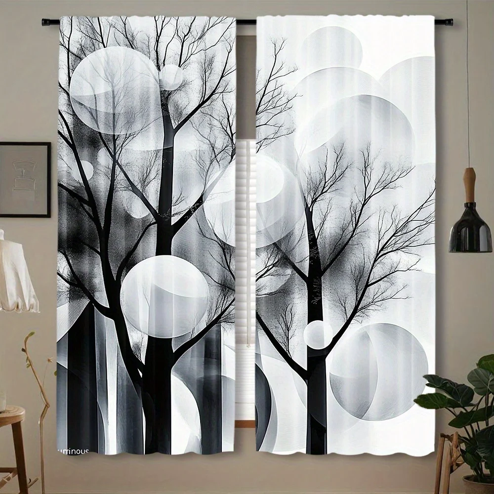 Minimalist Tree Window Curtains 2 Panels, Monochrome Branch Circular Pattern Simple Art Print Drapes for Studio Apartment Decor