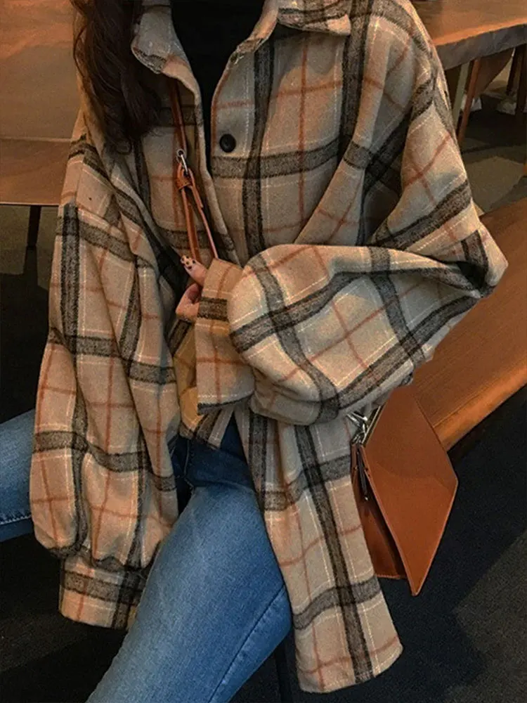 

Spring Women Plaid Coat Blouses Fashion New Streetwear Turn-Down Collar Lady Button Long Sleeve Casual Loose Plaid Coat Clothing