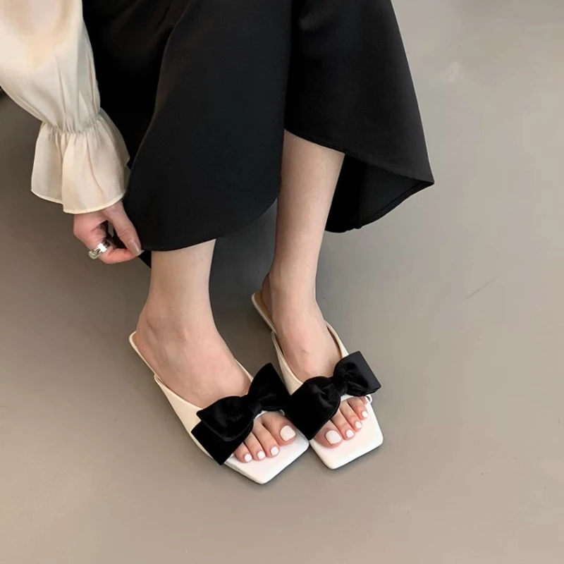 2024 Bow Tie Square Head Slippers Women High Heel Fashion DesignerSandalsFemaleSummer Flip Flops Low Heel Mueller Slippers Women