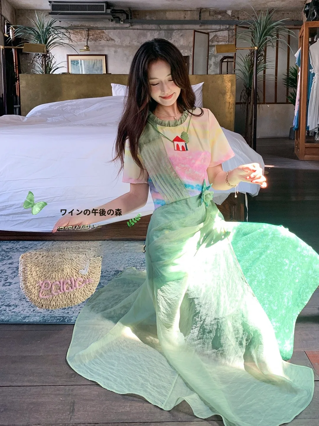 

Gula Liangpin Original Qingmei Fermented Splicing Mesh Skirt Oil Painting Print High Waist Beautiful Unique Dress
