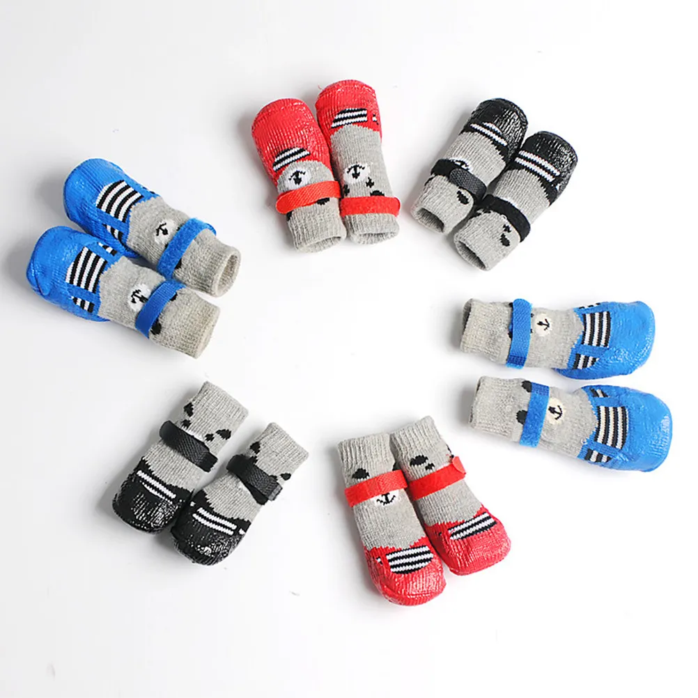 4Pcs Waterproof Dog Socks Cotton Non-Slip Cartoon Prints Size S Black Pet Paw Socks Protectors Anti-Cold Snow Ice Salt