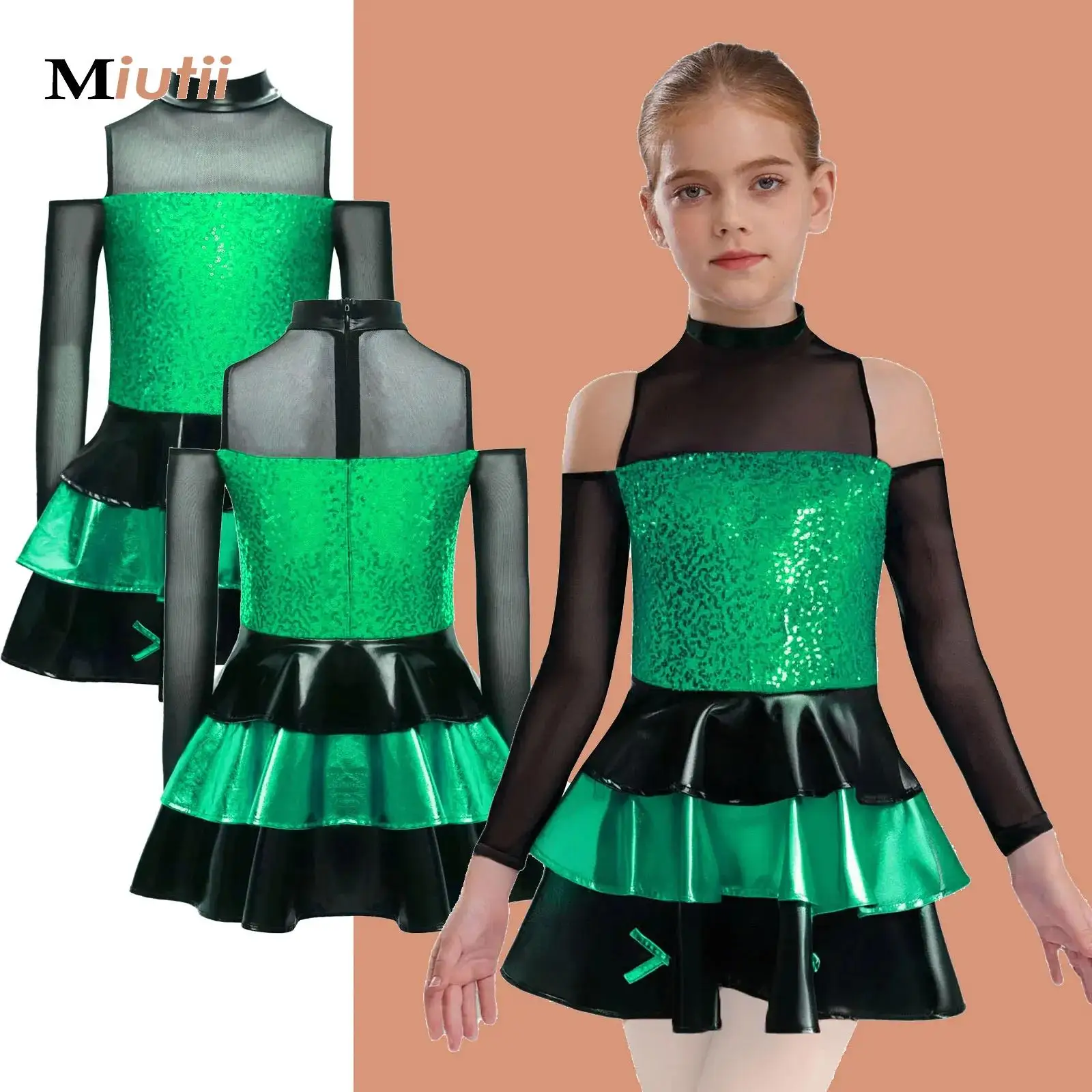 

Kids Girls Ballet Jazz Figure Skating Dance Performance Costume Gymnastics Dancewear Sequins Tiered Ruffled Skirted Tutu Leotard