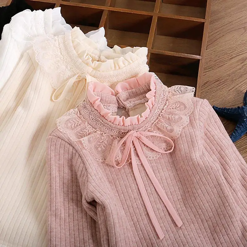 Autumn Winter Sweet Fashion Harajuku Girls Knitting Tops All Match Kawaii Casual Undershirt Cute Solid Long Sleeved Kids Sweater