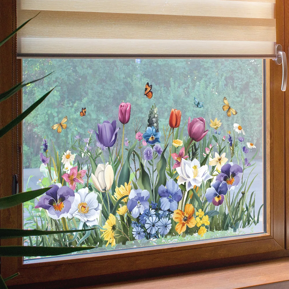 Fashion new flower clusters painted tulips butterfly leaves Glass doors and Windows home decoration window stickers