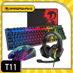 MANBASNAKE T11 Wired Gaming Keyboard and Mouse Headset Combo,Rainbow LED Backlit Wired Keyboard
