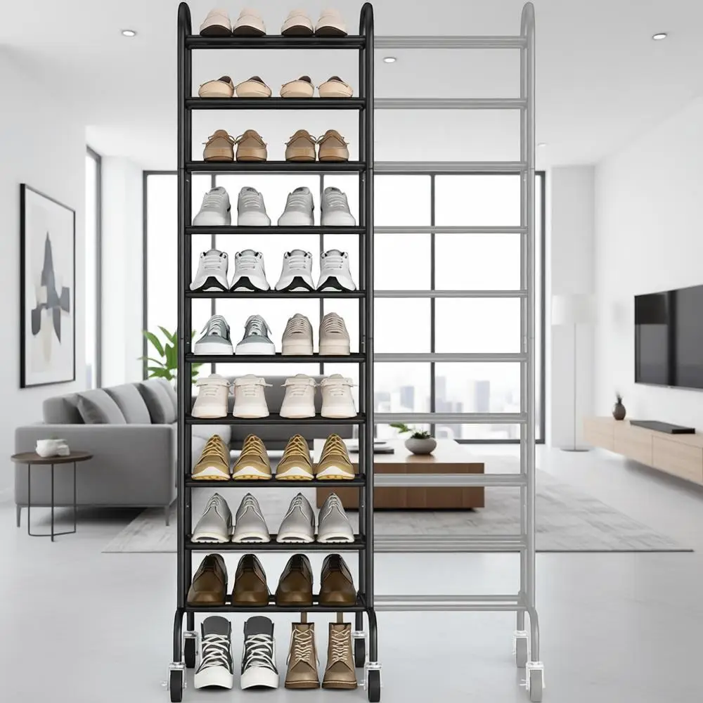 

10-уровневая регулируемая металлическая полка для обуви, вместимость 44 пары, для прихожей, коридора, гаража и входной двери, черная