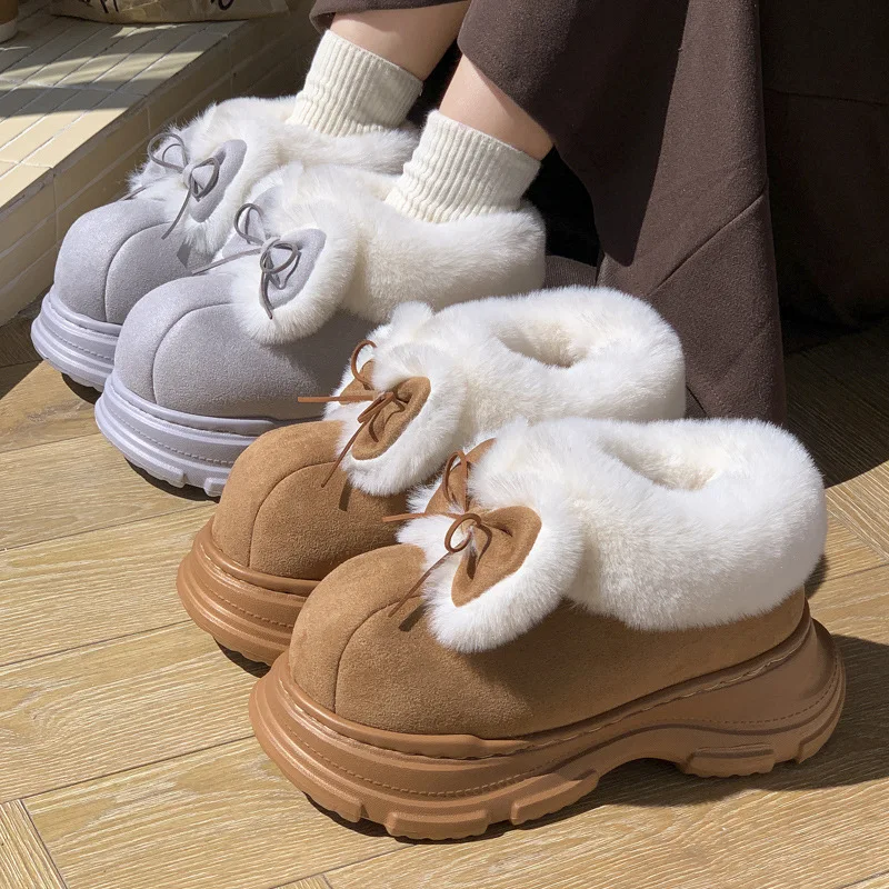 

2025 Warm Faux Fur Fluffy Slippers For Women Winter Platform Shoes Soft Plush Thick Sole Cute Bow Girls Indoor Street Snow Boots