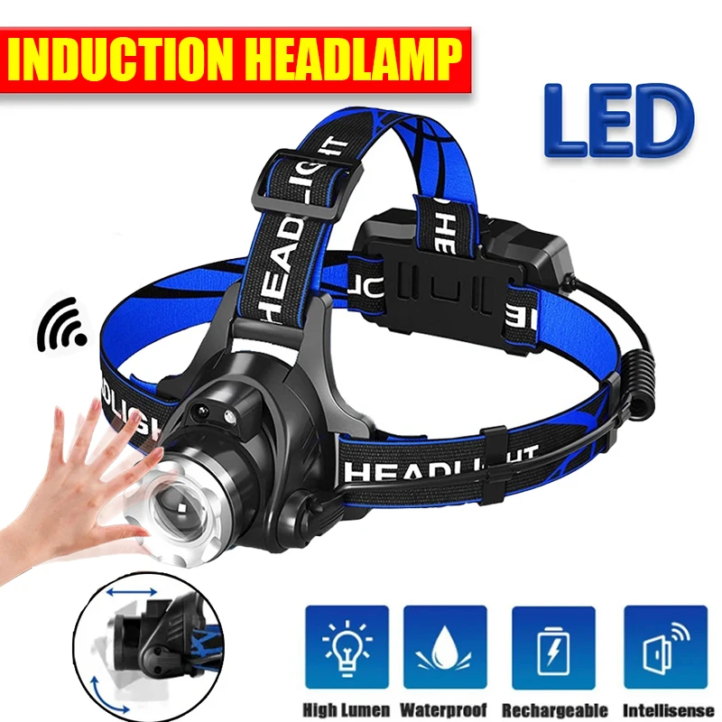 Powerful LED Zoom Headlight Flashlight With Induction Headlamp Use18650 Battery USB Rechargeable Outdoor Fishing Head Lamp