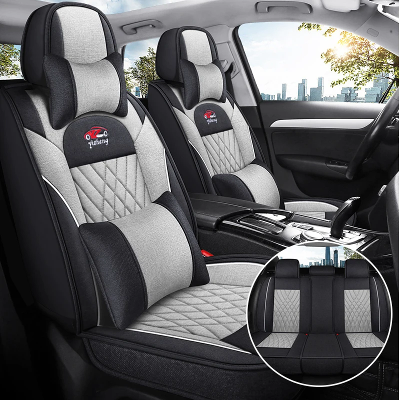 (Luxury Edition) the Car Has Five Seats, Equipped with 2 Headrests and 2 Lumbar Supports, Luxury Linen Full-Cover Car Seat Covers Are Universal, Breathable and Wear-Resistant, Fit Snugly on the Seats, Suitable for All Seasons, Fashionable and Aesthetically Pleasing, with Three-Dimensional Side Support, Airbag Compatible, Enhance the Driving Experience, Suitable for Various Models Such as Sedans, Suvs, Trucks