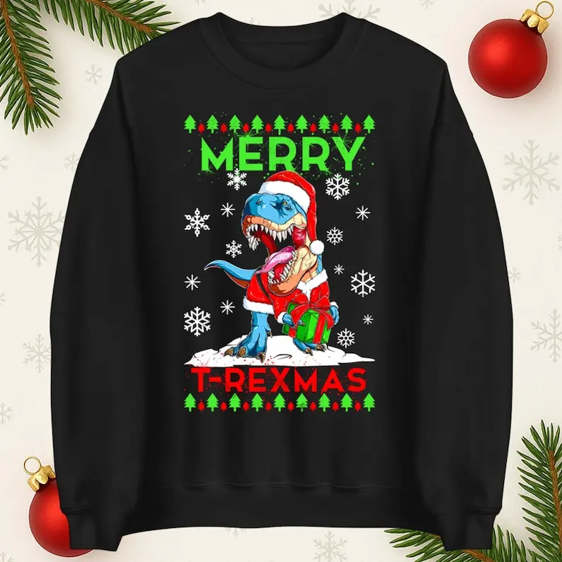 Merry T Rex Christmas Sweatshirt Funny Santa Claus Xmas Hoodie Holiday Gift Creative Cool Pattern Autumn and Winter Pullover