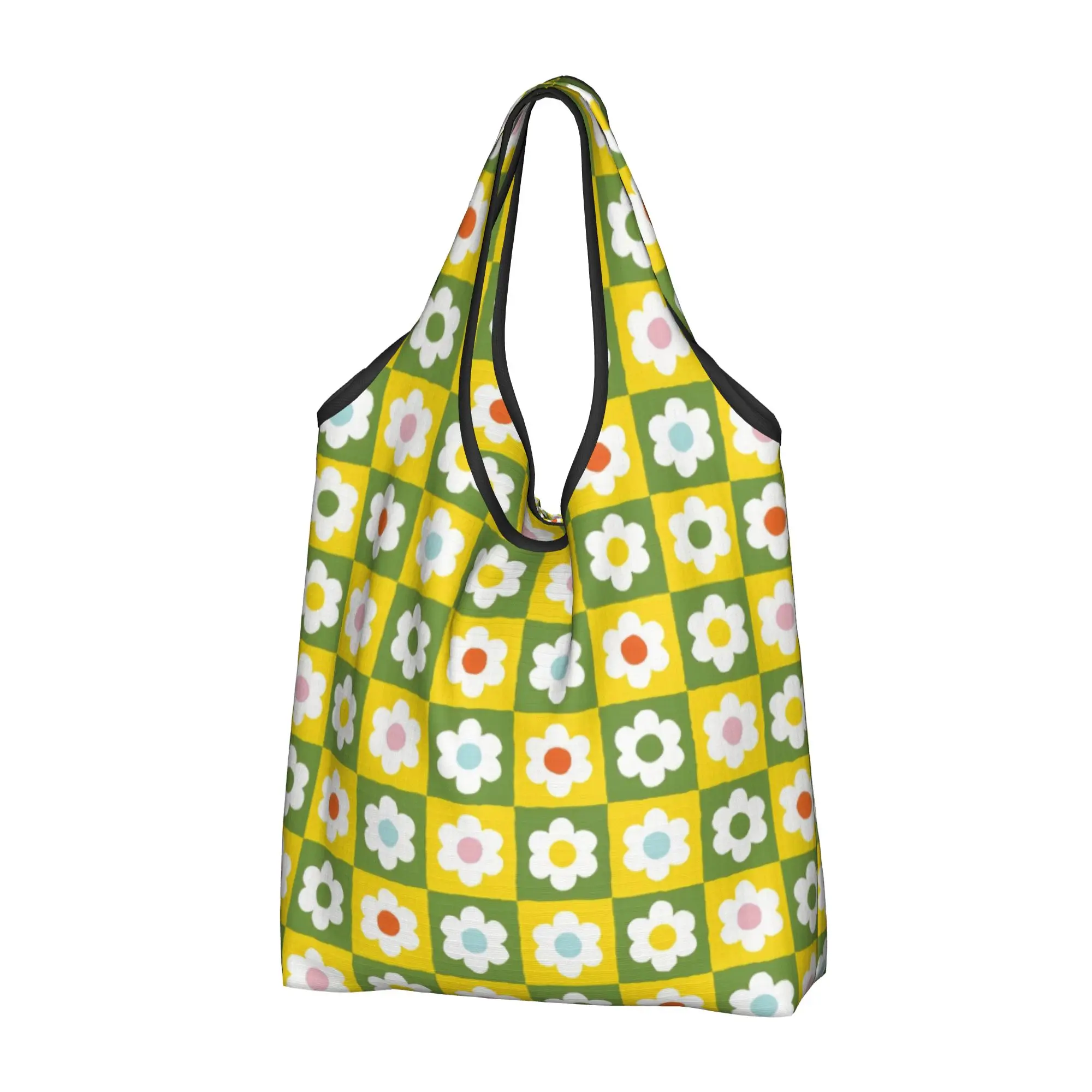 Daisies  Flowers Checkerboard  Groceries Tote Shopping Bags Fashion Yellow And Green Shopper Shoulder Bags Big Capacity Handbags
