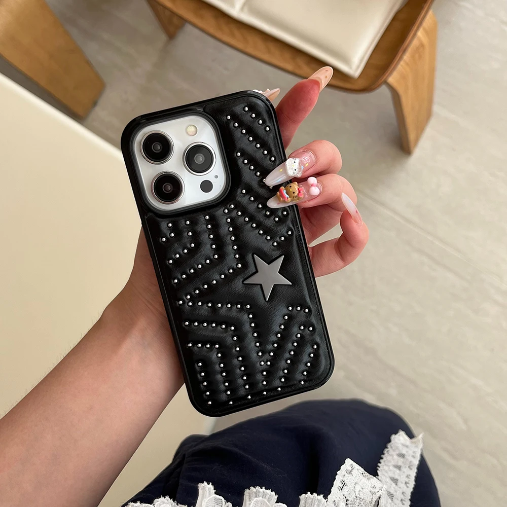 Modische Handyhülle mit silbernen Nieten und fünfzackigem Stern aus Leder, stoßfest, für iPhone 18 17 16 15 14 Pro Max 13, Schutzhülle – Detail 5