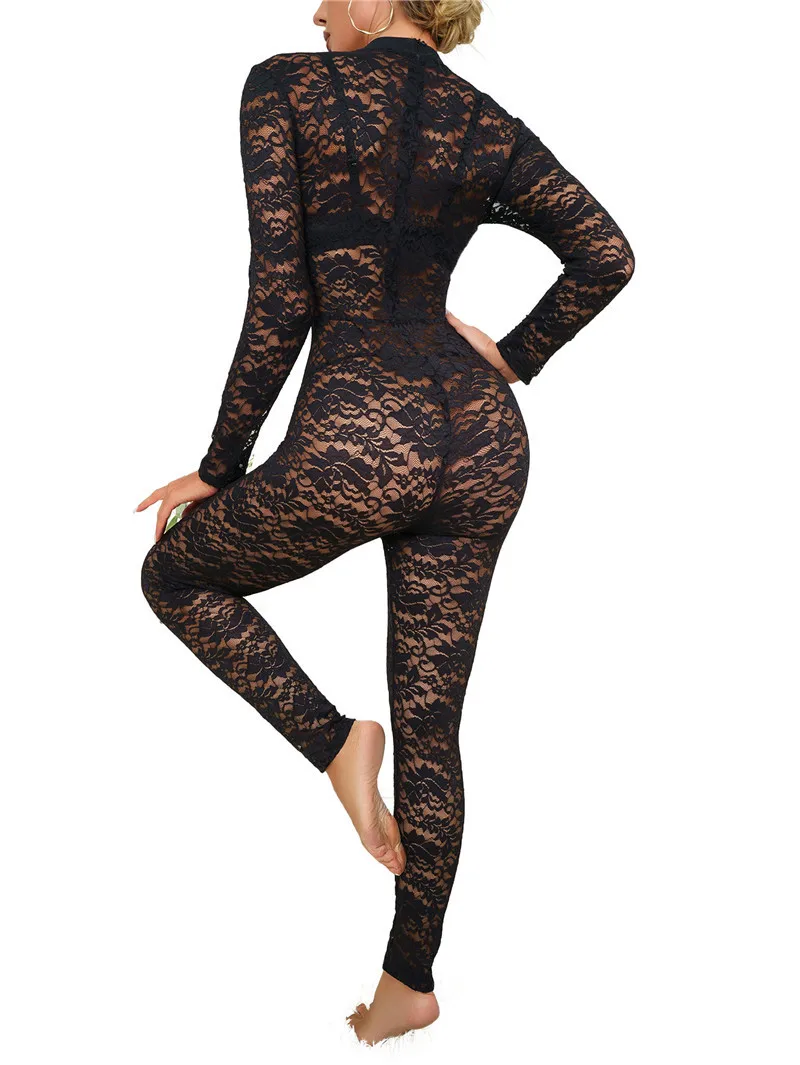 Elegant Lace Women Jumpsuits Black Long Sleeve O Neck See Through Skinny Rompers Sexy One Piece Nightclub Party Overalls