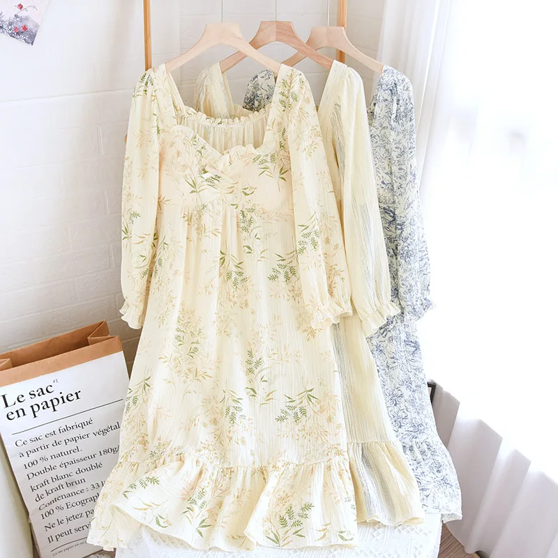 

Summer Women's Cotton Long sleeved Skirt U-neck Sleeping Women's Printed Fairy Style Sleepwear Home Sleeping Sleepwear Women
