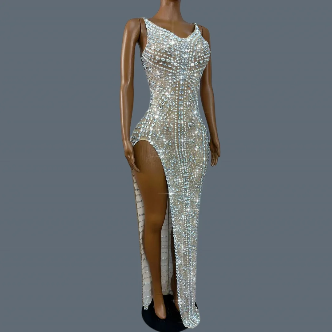 

Sparkly Crystal Rhinestone Maxi Dress High Slit Sheer Mesh Bodycon Evening Gown Women Prom Gala Red Carpet Party Outfit Dankai