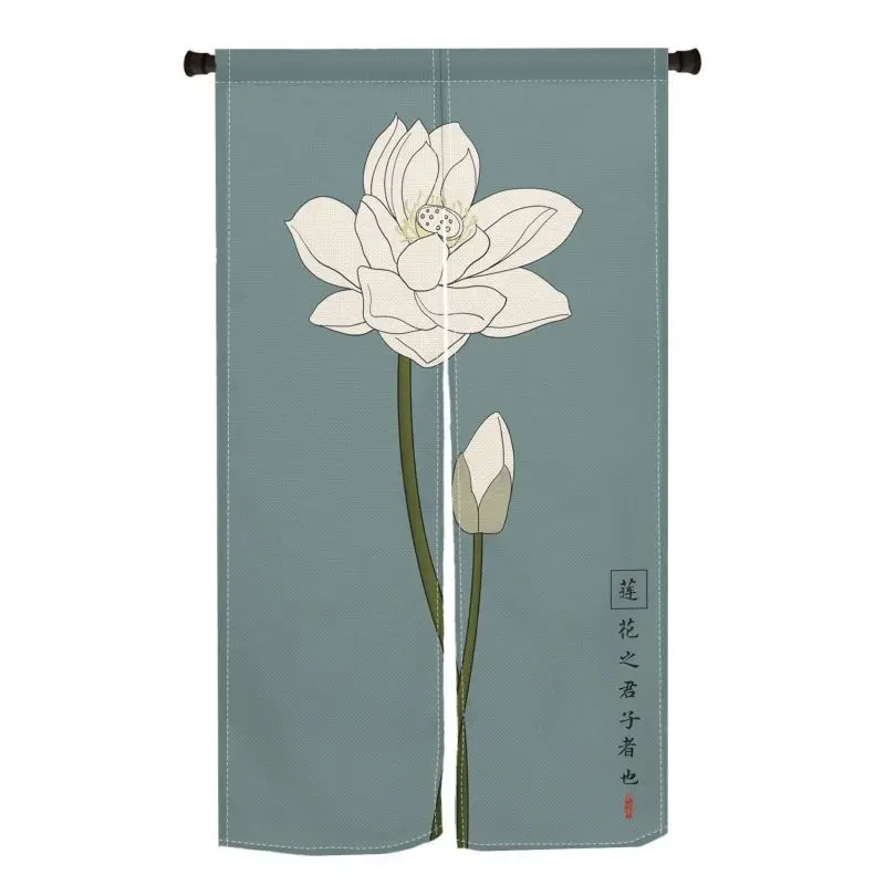 VIKAMA Chinese Style Lotus Noren Door Curtain Ink Painting Dragonfly Floral Partition Curtain Zen Home Teahouse Decor