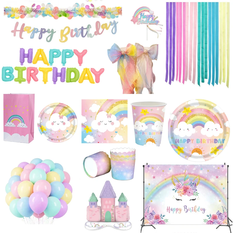 Décorations de fête d'anniversaire arc-en-ciel, bannière de ballons, vaisselle jetable, assiettes en papier, serviettes, fournitures de fête d'anniversaire arc-en-ciel pour filles