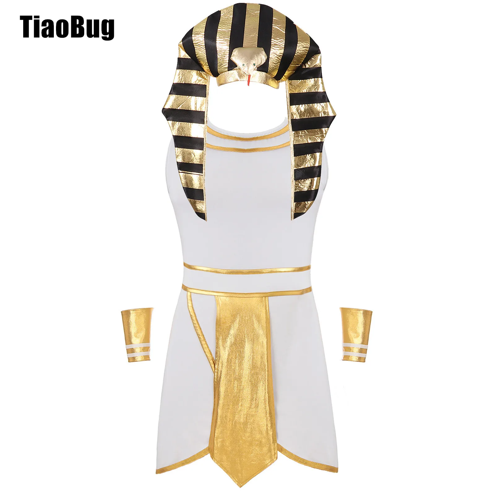 Mens Egyptian Pharaoh Costume Set Halloween Cosplay Sleeveless Contrast Color Dress with Cuffs And Snake Head Hat