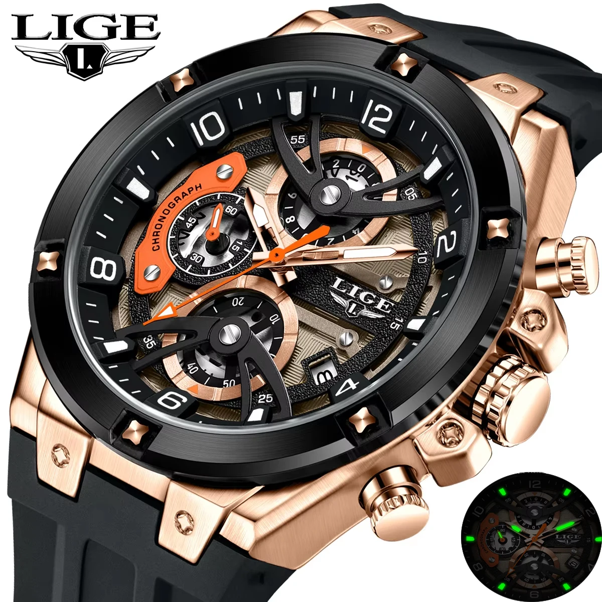 

LIGE Men's Quartz Watch Military Waterproof Luminous Date Sport Man Wristwatch Chronograph Silicone Strap Top Luxury Men Watches