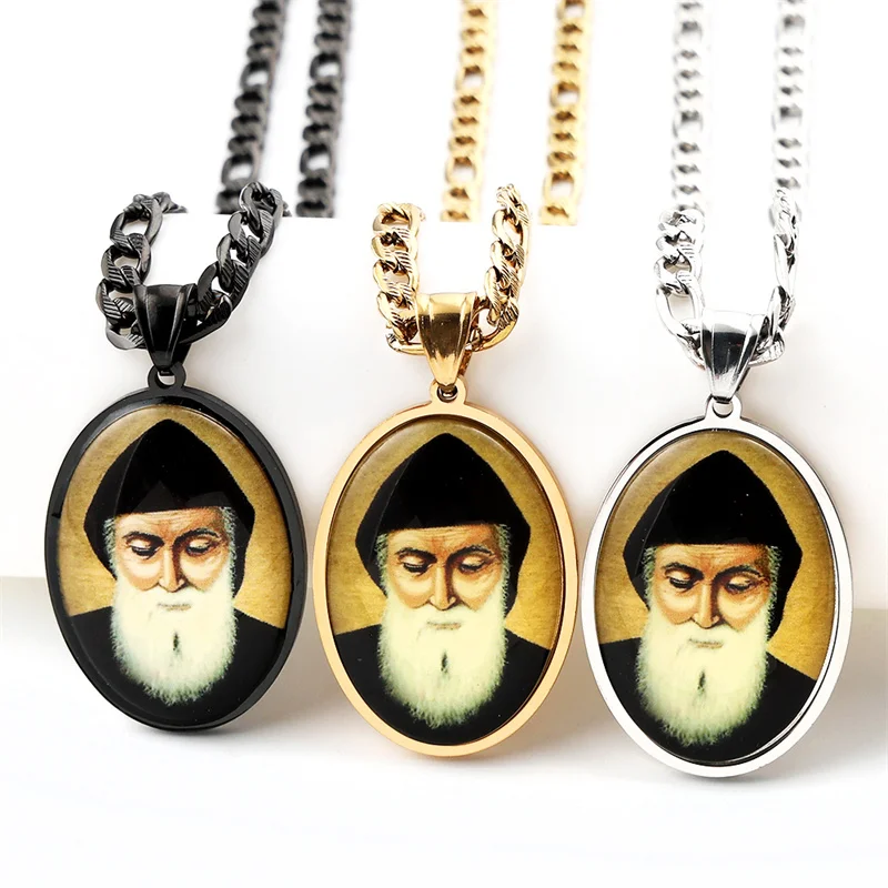 Orthodox Church Saint Charbel Glass Medal Pendant Necklace for Women Men Stainless Steel Gold Color Amulet Protection Jewelry