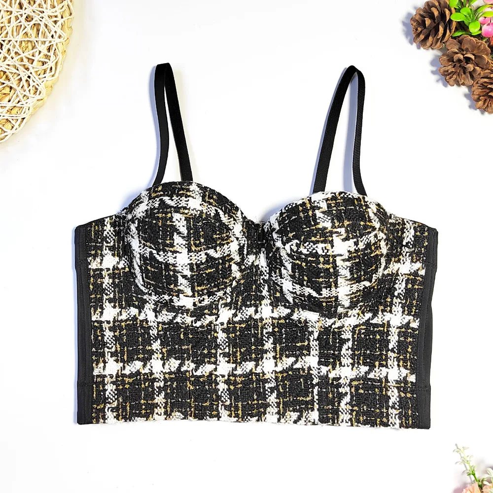 

SsTss Vintage Houndstooth Tweed Camisole 2024 New Fashion Women Push Up Bustier Corset Bra Sexy Night Club Party Crop Tank Tops