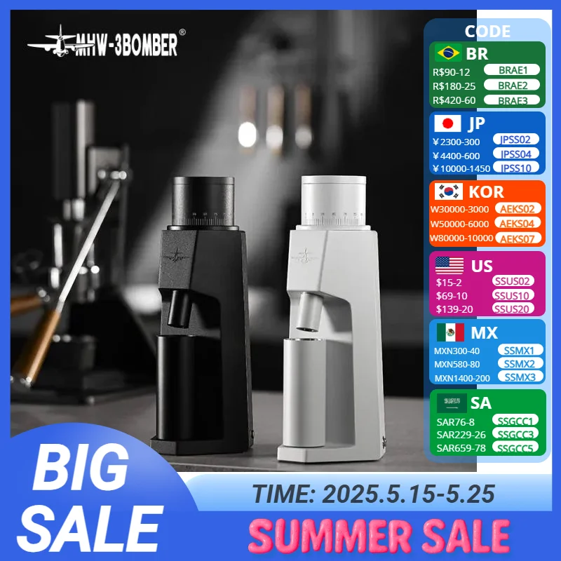 

MHW-3BOMBER Electric Coffee Grinder Magnetic Dosing Cup 48mm Point Adjustment Espresso Grinder with Conical Coffee Tools