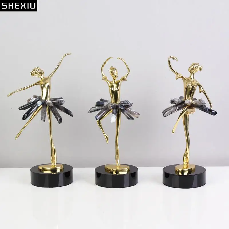 

Golden Brass Ballerina Girl Sculpture Crystal Base Ornaments Desk Decoration Abstract Figures Ballet Dancer Statue