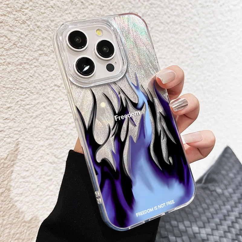 Etui na telefon iPhone 16 15 E Pro Max 14 13 Pro 12 11 Plus z pełną ochroną aparatu, srebrne, dla kobiet i mężczyzn, niebieski płomień, błyszczące.
